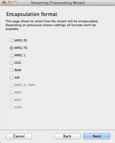 select encapsulation format in vlc on mac