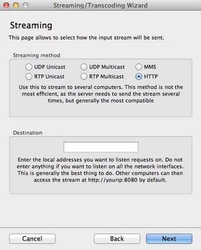 Choose HTTP to stream in vlc mac