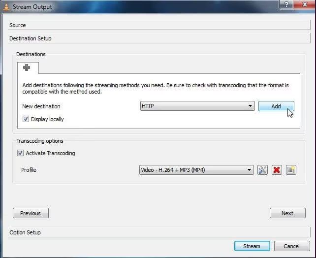 stream output destinations in vlc