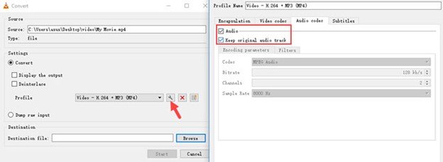 keep original audio track in vlc