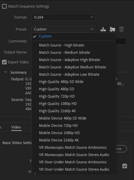 premiere pro export preset