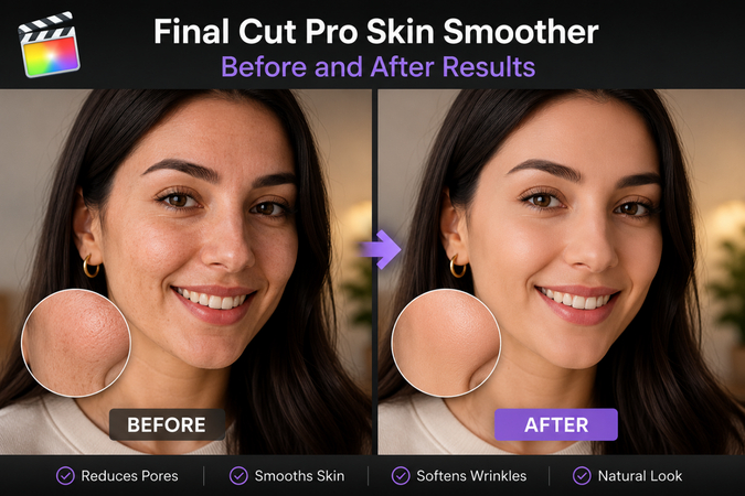 Before and after comparison showing skin smoothing results in Final Cut Pro.