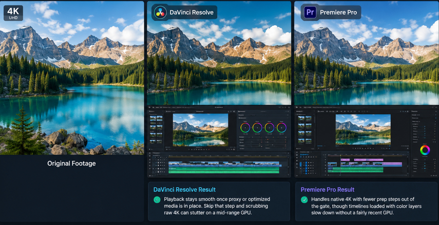 4K landscape video editing comparison in DaVinci Resolve and Premiere Pro
