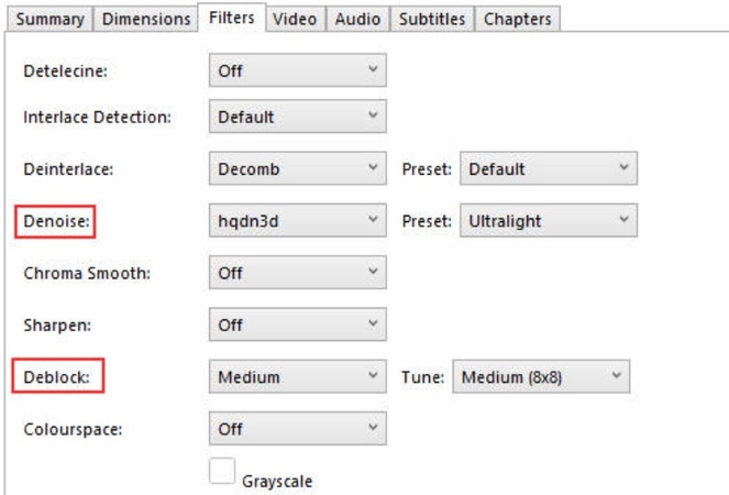 set denoise and deblock video features