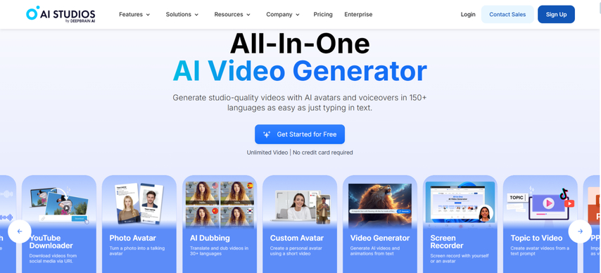 homepage screenshot of ai studios by deepbrain