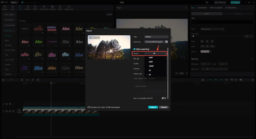 Establecer la resolución del video en 4K