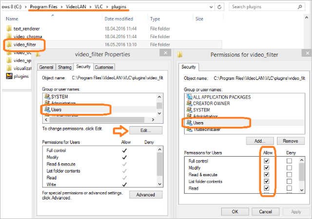 enable write permissions vlc