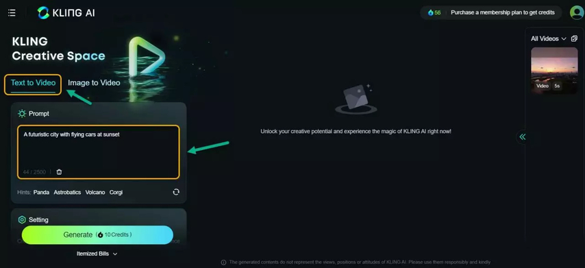 使用文本提示創建影片