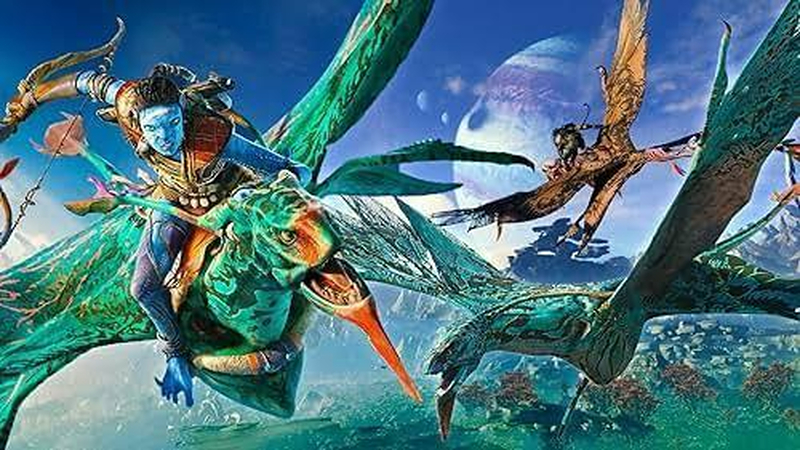 A dynamic mid-air scene of a Na'vi rider