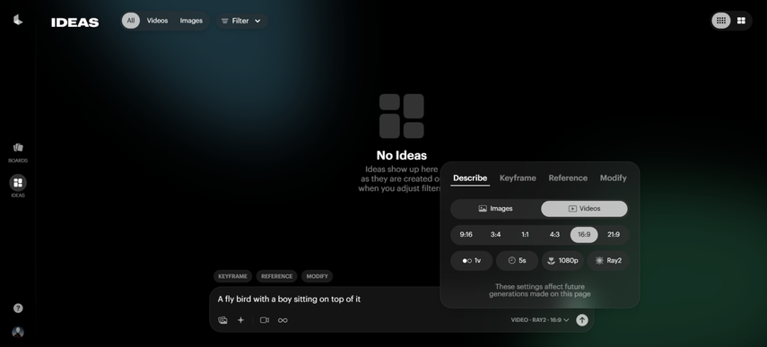 luma ai customization panel for selecting different options