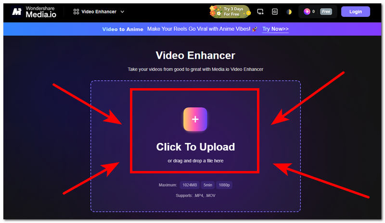 upload video to media.io enhancer