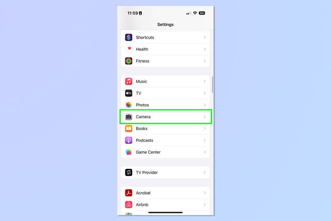 설정을 열고 카메라로 이동합니다.