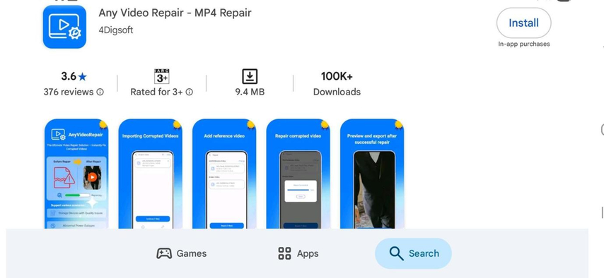 Any Video Repair mobile app interface