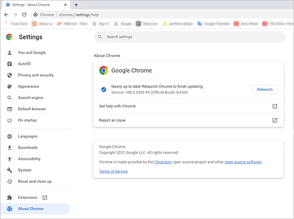 reiniciar o Chrome após atualização