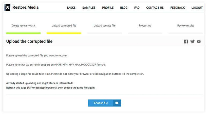 Restore.Media website interface demonstrating video repair process