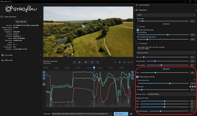 gyroflow stabilization options advanced fov rolling shutter correction