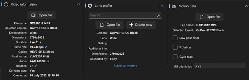 video information lens profile gyro data