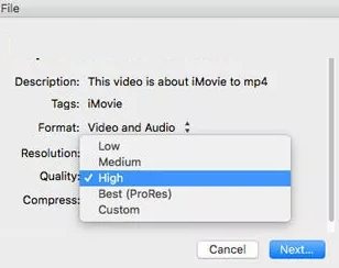 iMovie export quality settings