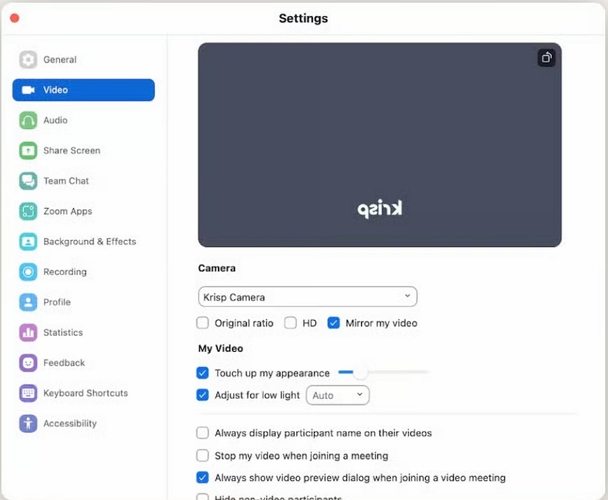 Mac camera settings on in Zoom