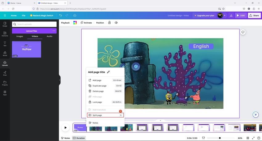 在 Canva 時間軸上分割片段示意圖