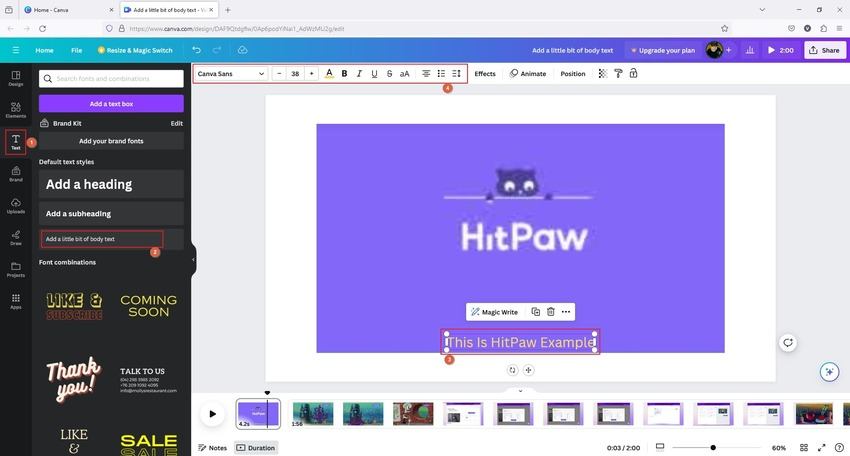 在 Canva 畫布上添加及編輯字幕文字示意圖