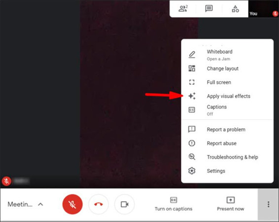 desfocar o fundo no google meet durante a chamada de vídeo pc passo 2