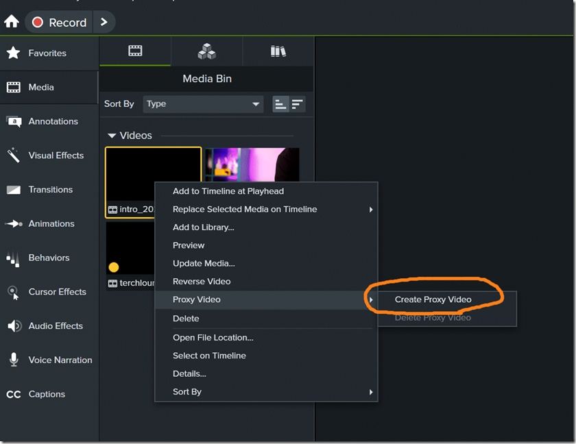 delete proxy video in Camtasia