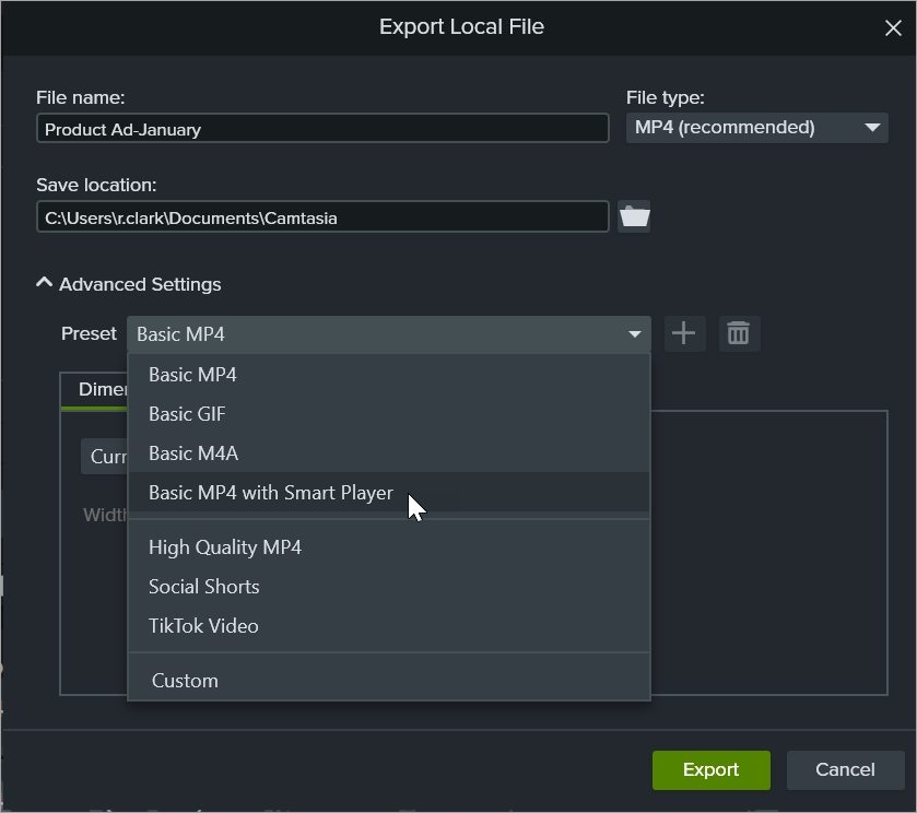 Camtasia export settings