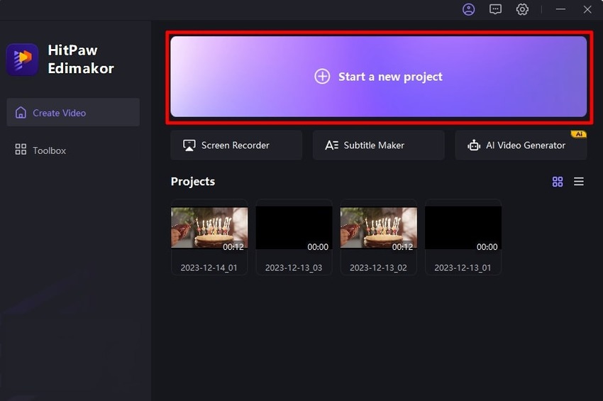 start new project in edimakor