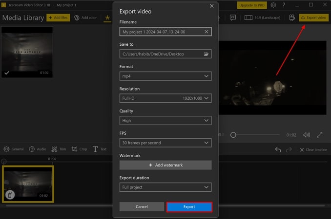 set exporting parameters and export