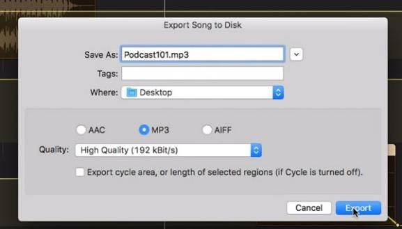 GarageBand上でMP3出力する時の画面キャプチャ