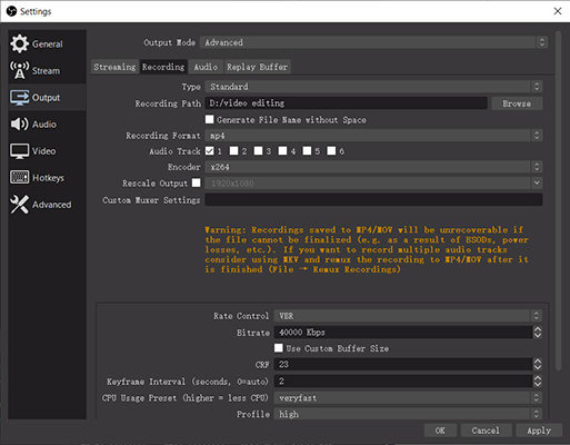 obs studio recording settings reconfigure