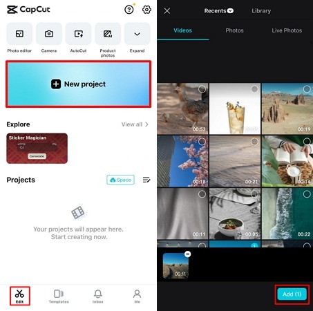launch capcut app and select clip