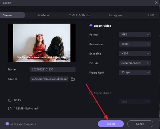 export video file after adjustment