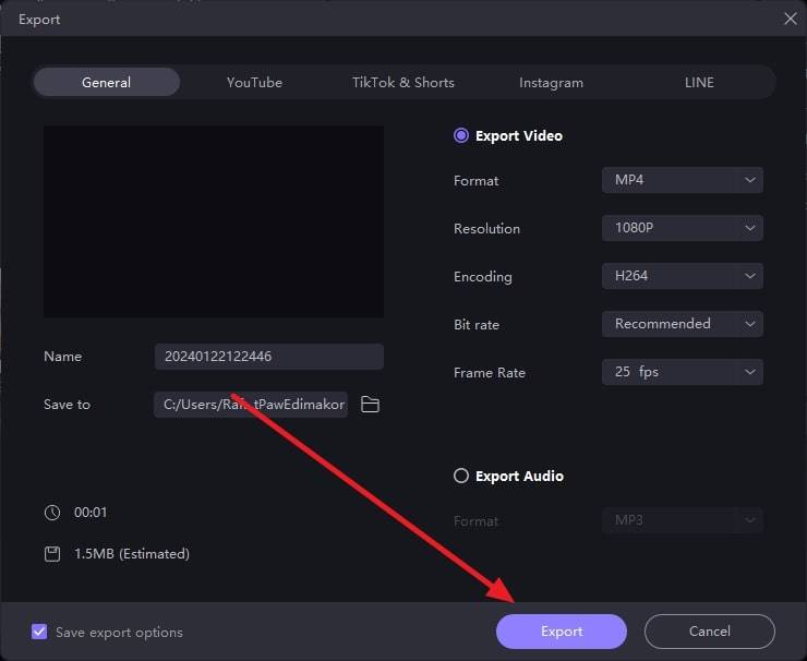 export the created video