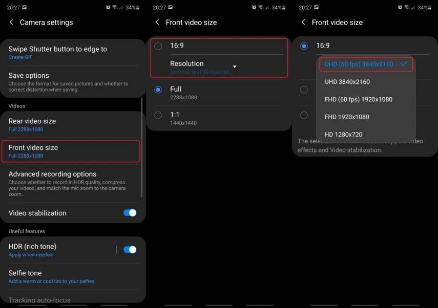 Samsung camera video size settings