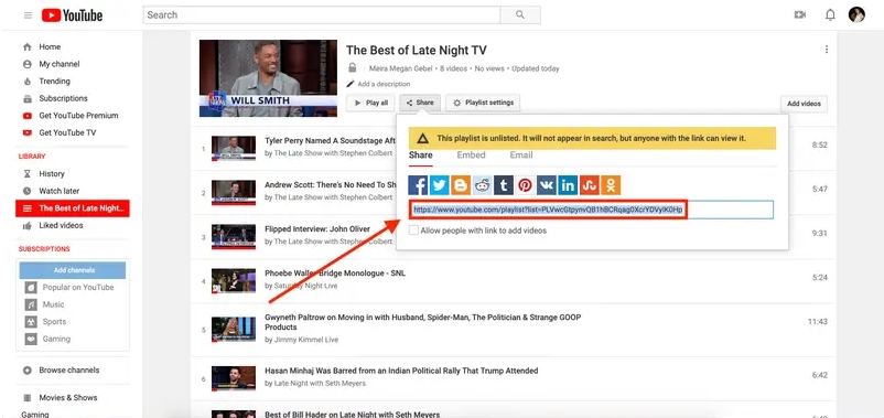 how to share a youtube playlist