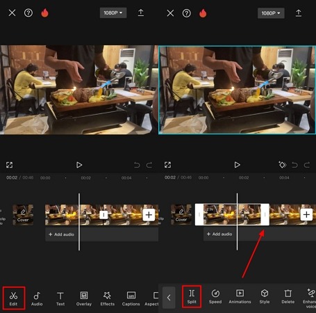 split clip and add transitions capcut