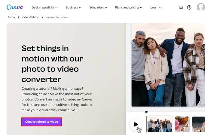 Canvaで写真からビデオへの機能を開く