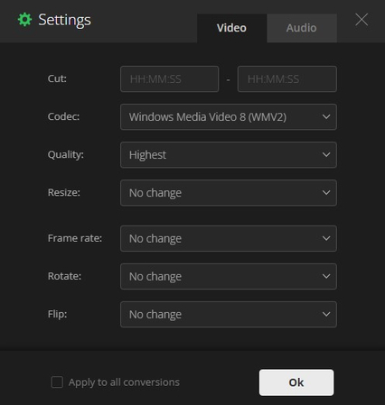 Configurações adicionais para conversão de vídeo no Convertio