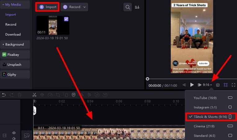 import video and choose aspect ratio