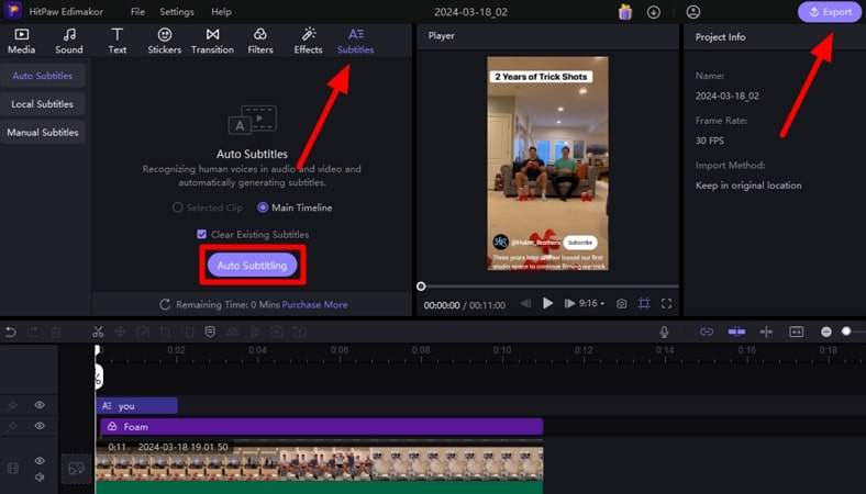 add subtitles and export short video
