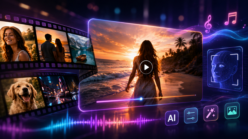 AI photo-to-video banner with cinematic animation, music sync, and dynamic visual effects