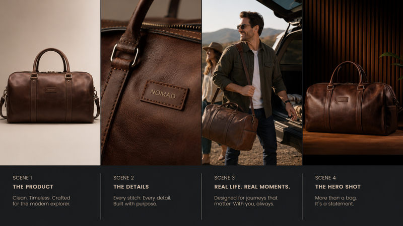 AI video ad luxury duffel bag showcase