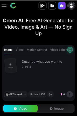 Creen AI video generator homepage