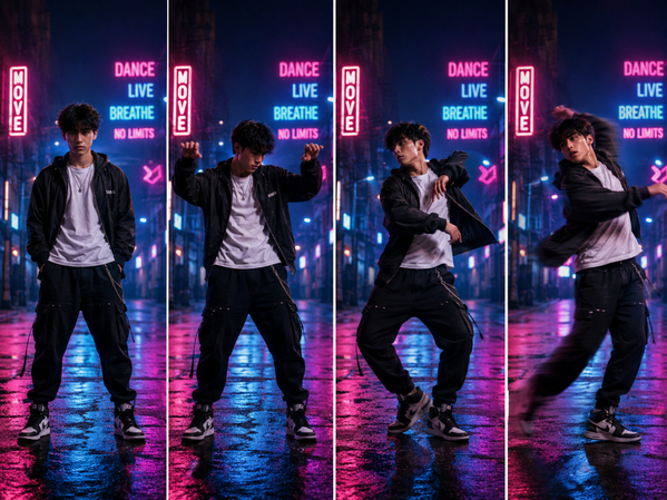 4-frame AI storyboard showing a character performing a dance sequence