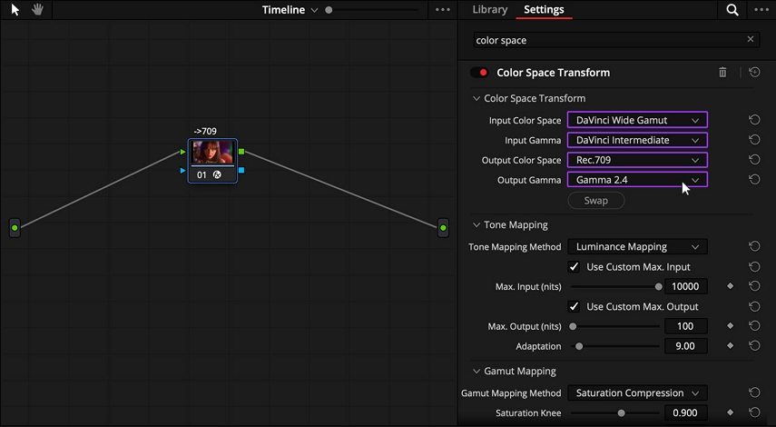 Davinci Resolve color space transform