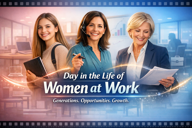 Three professional women from different generations showing mentorship and career growth