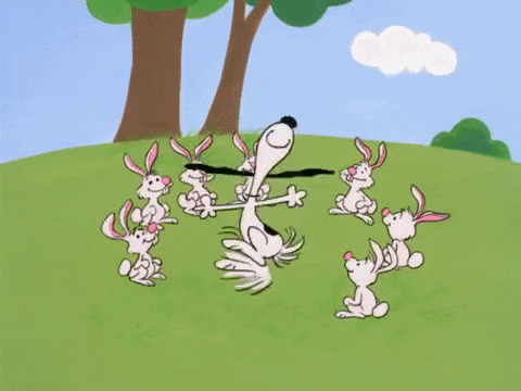 easter snoopy dancing with bunnys