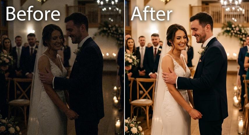 Enhance dark wedding video with AI